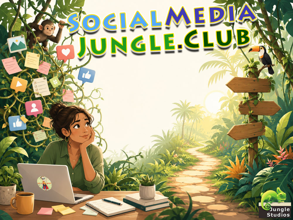 Warm Social Media Jungle Club path with SMJC, Jungle Studios, and Ask A Web Geek brand elements